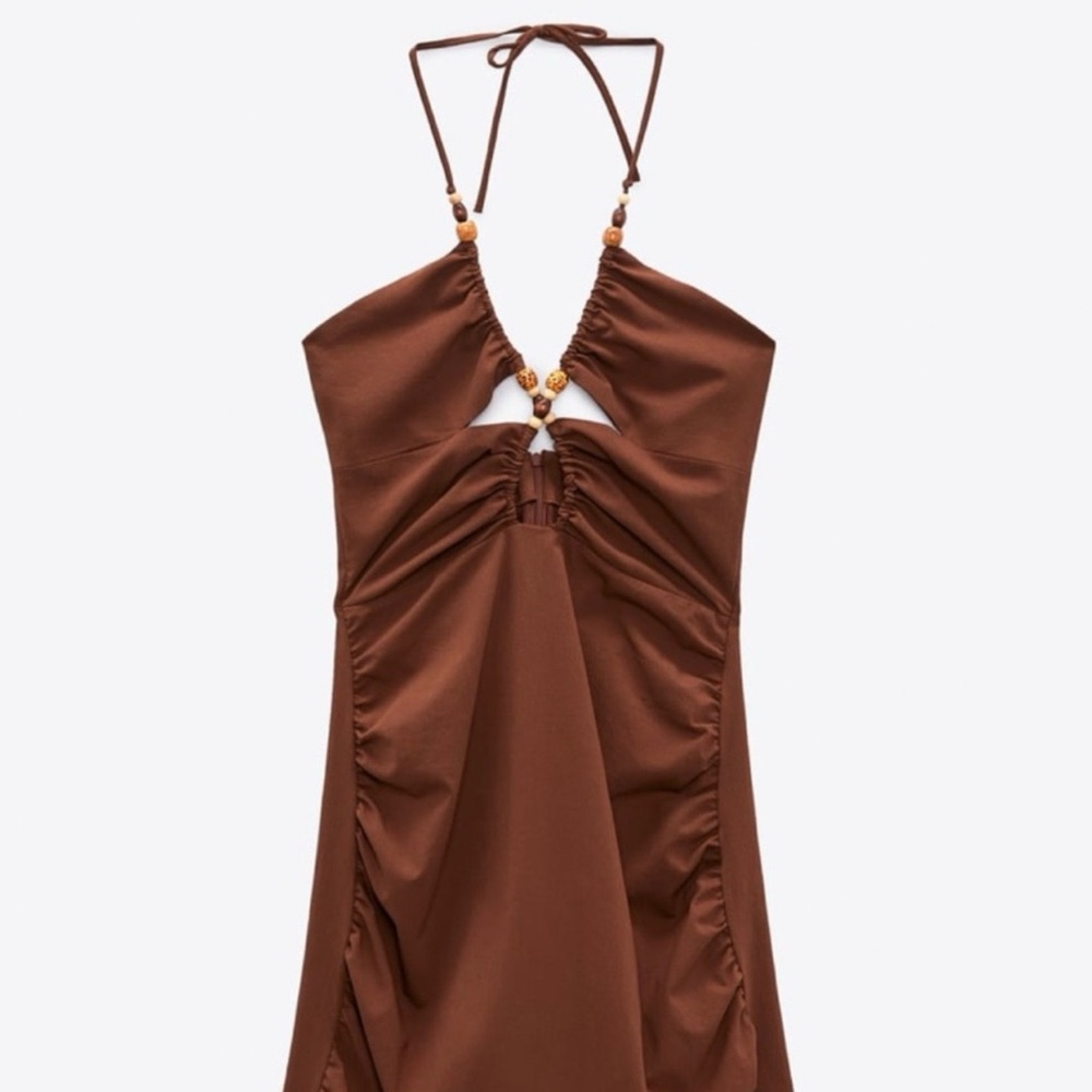 Zara Rust Halter Mini Dress with Beaded Neck Tie